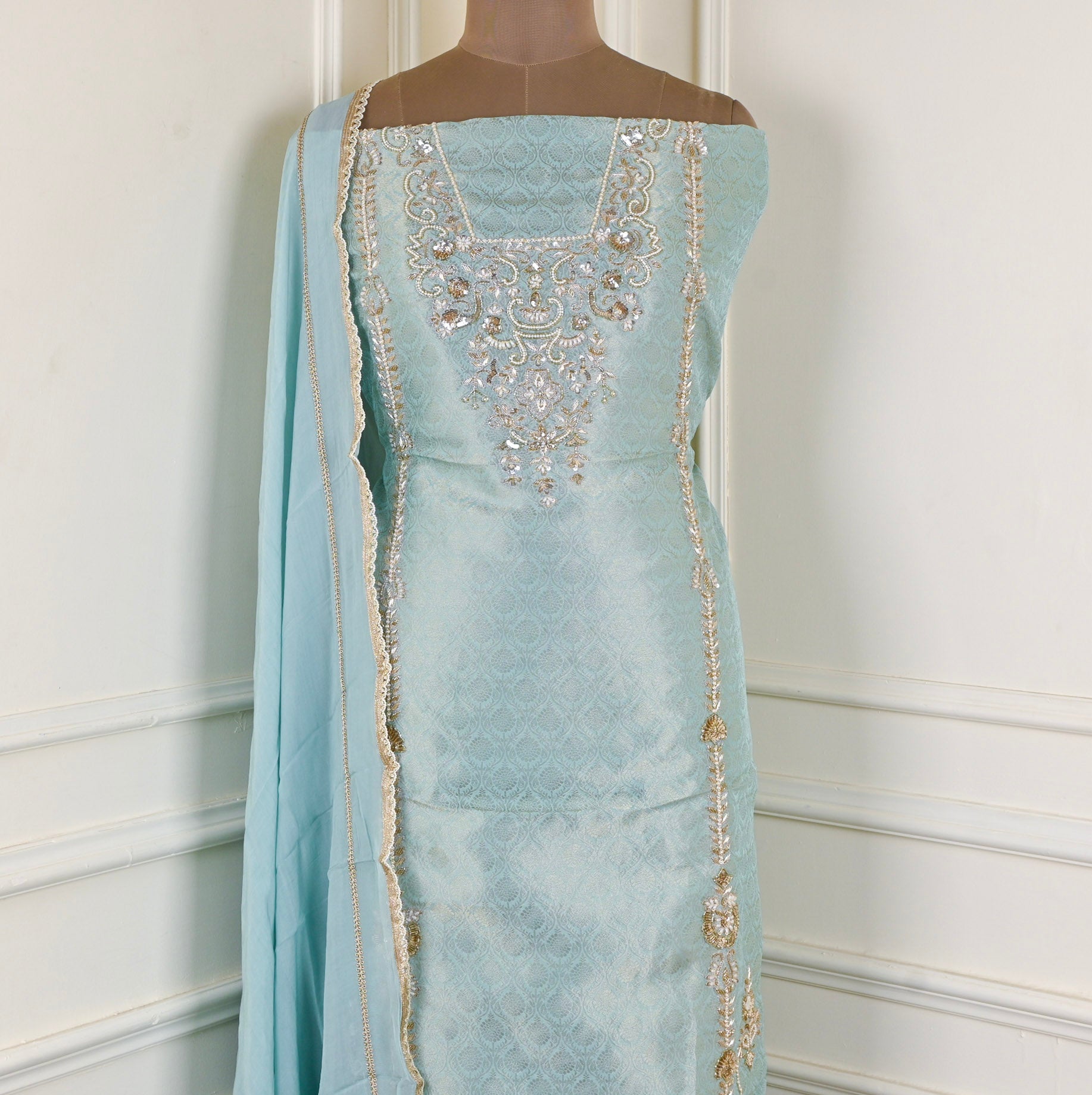 Brocade Silk Ferozi Unstitched Suit