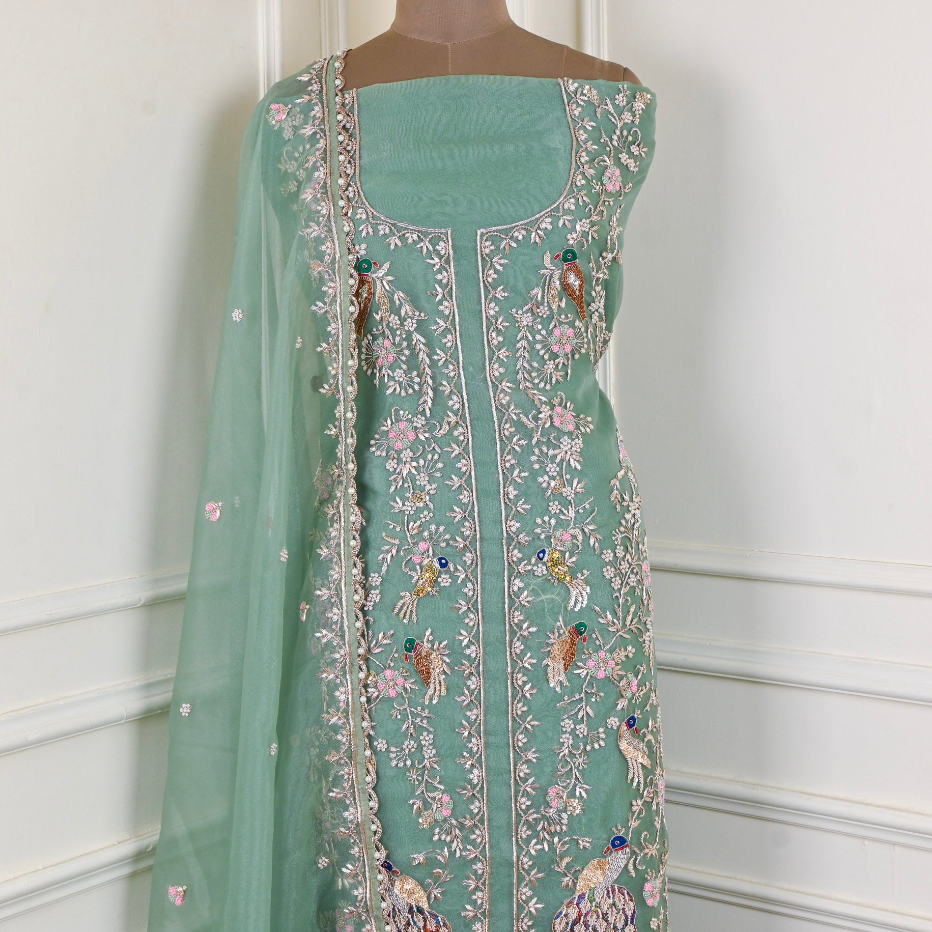 Glass Organza Pista Green Unstitched Suit