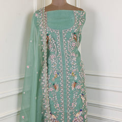 Glass Organza Pista Green Unstitched Suit