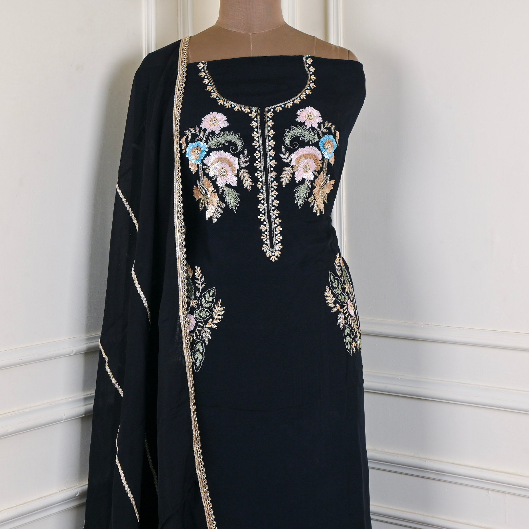 Organza Black Unstitched Suit
