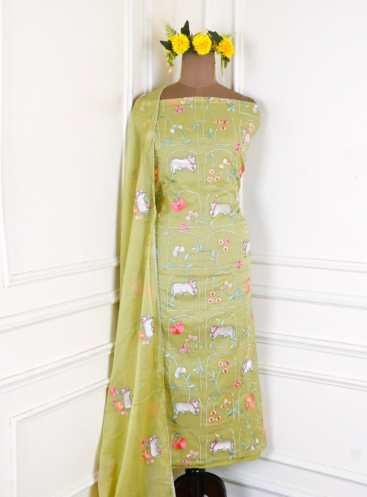 Mul Cotton Lime Unstitched Suit
