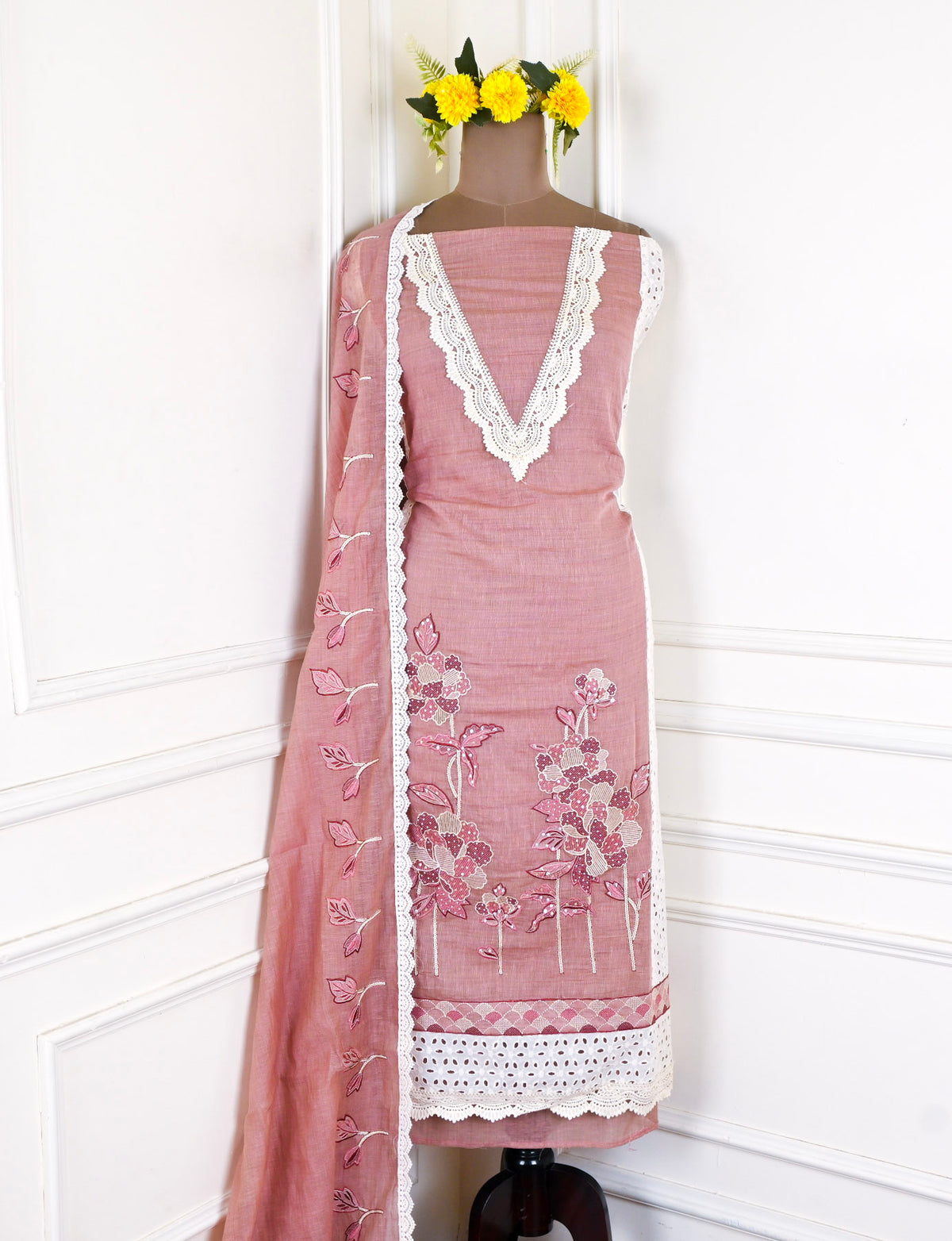 Mul Chanderi Pink Unstitched Suit