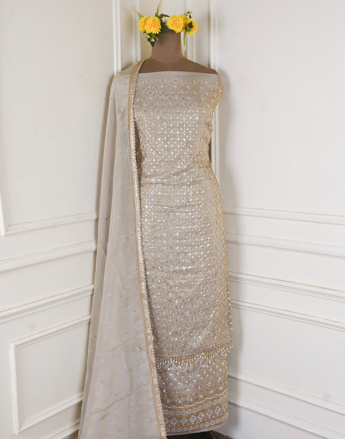 Shimmer Beige Unstitched Suit