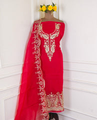 Organza Red Unstitched Suit