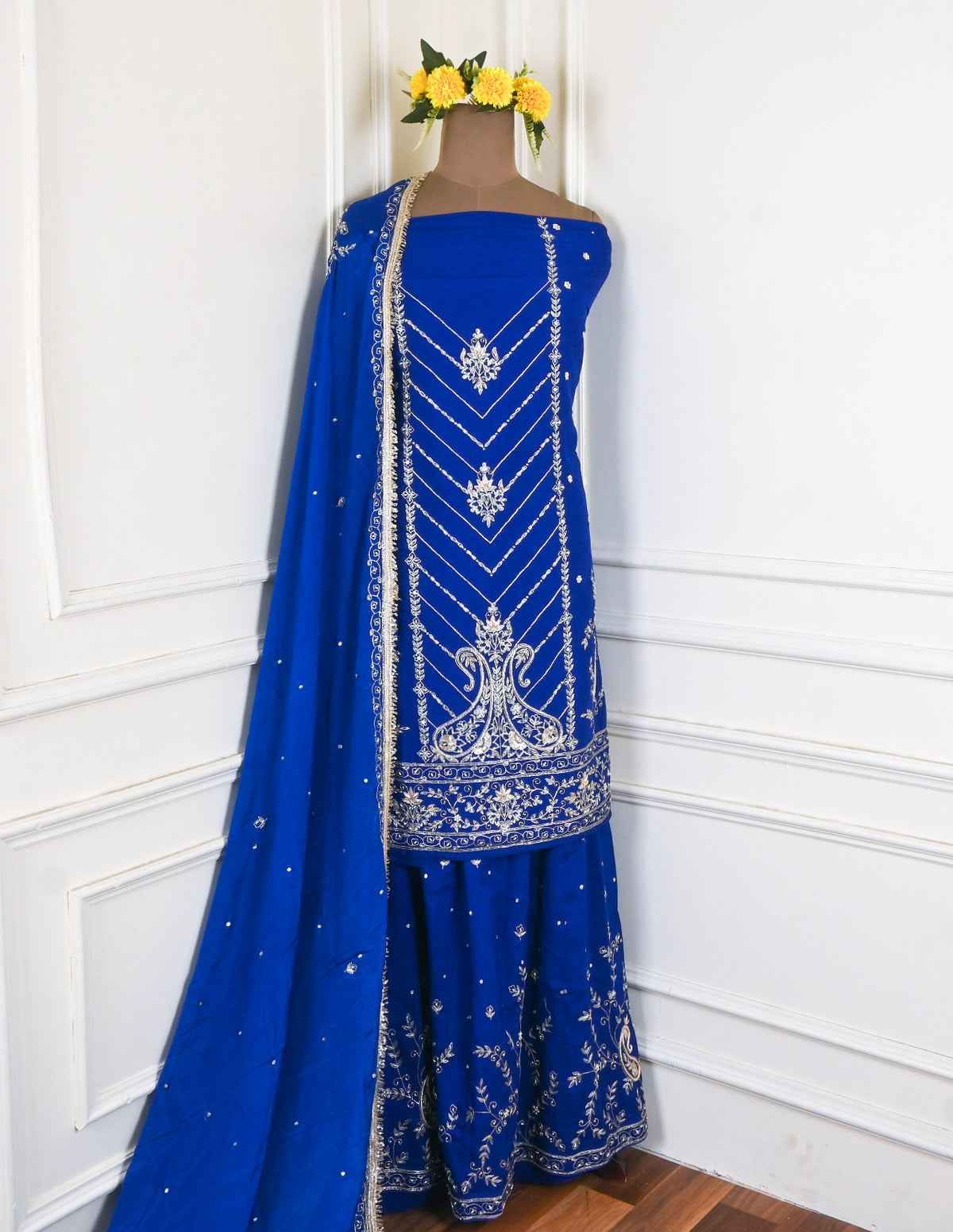 Khadi Blue Unstitched Lehenga Suit