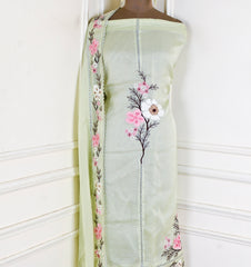 Organza Green Pista floral Unstitched Suit