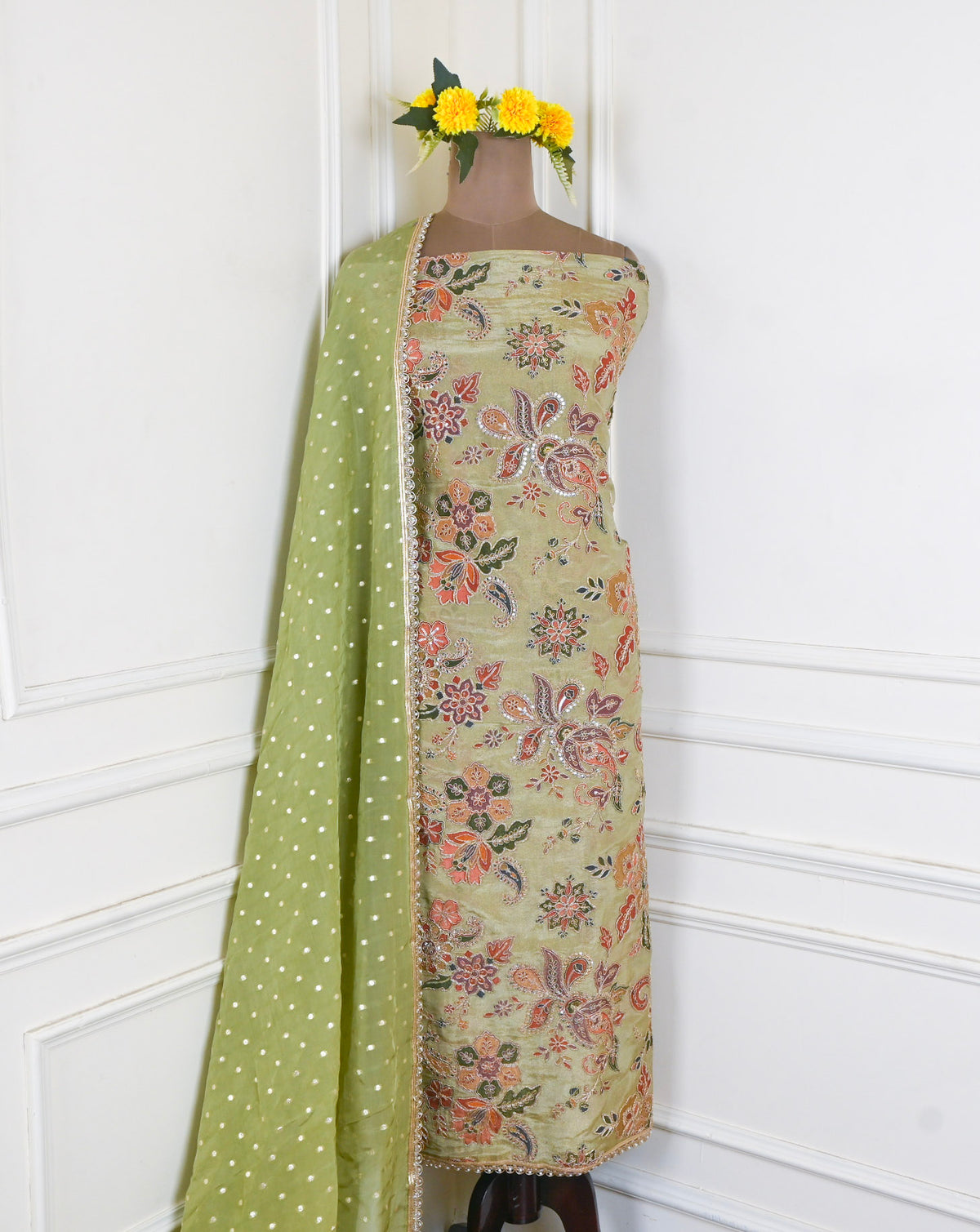 Shimmer Pista Green Unstitched Suit