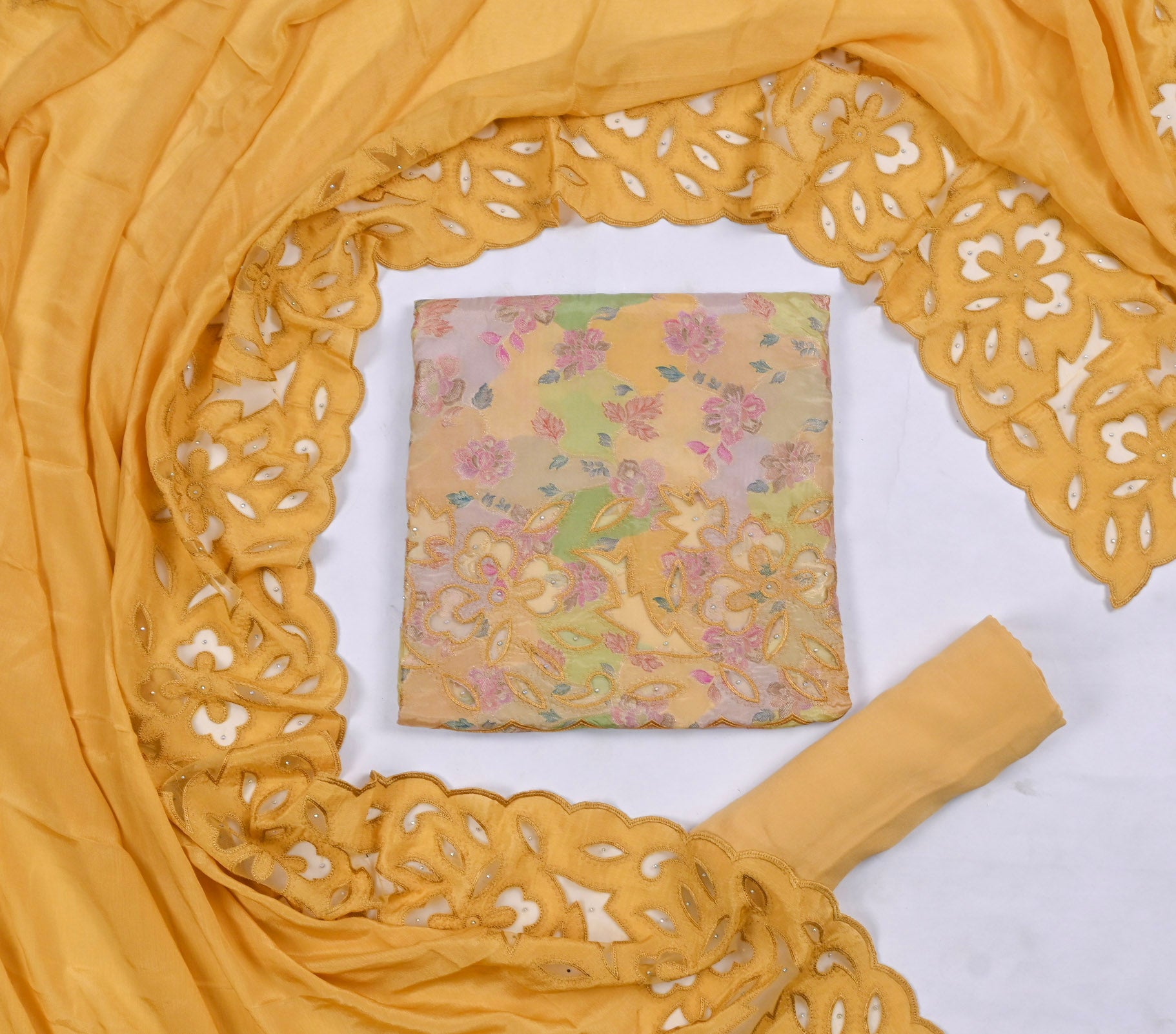 Banarasi Yellow Unstitched Suit