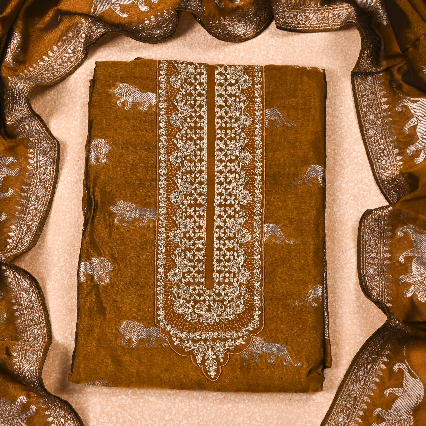 Banarasi Mustard Brown Unstitched Suit