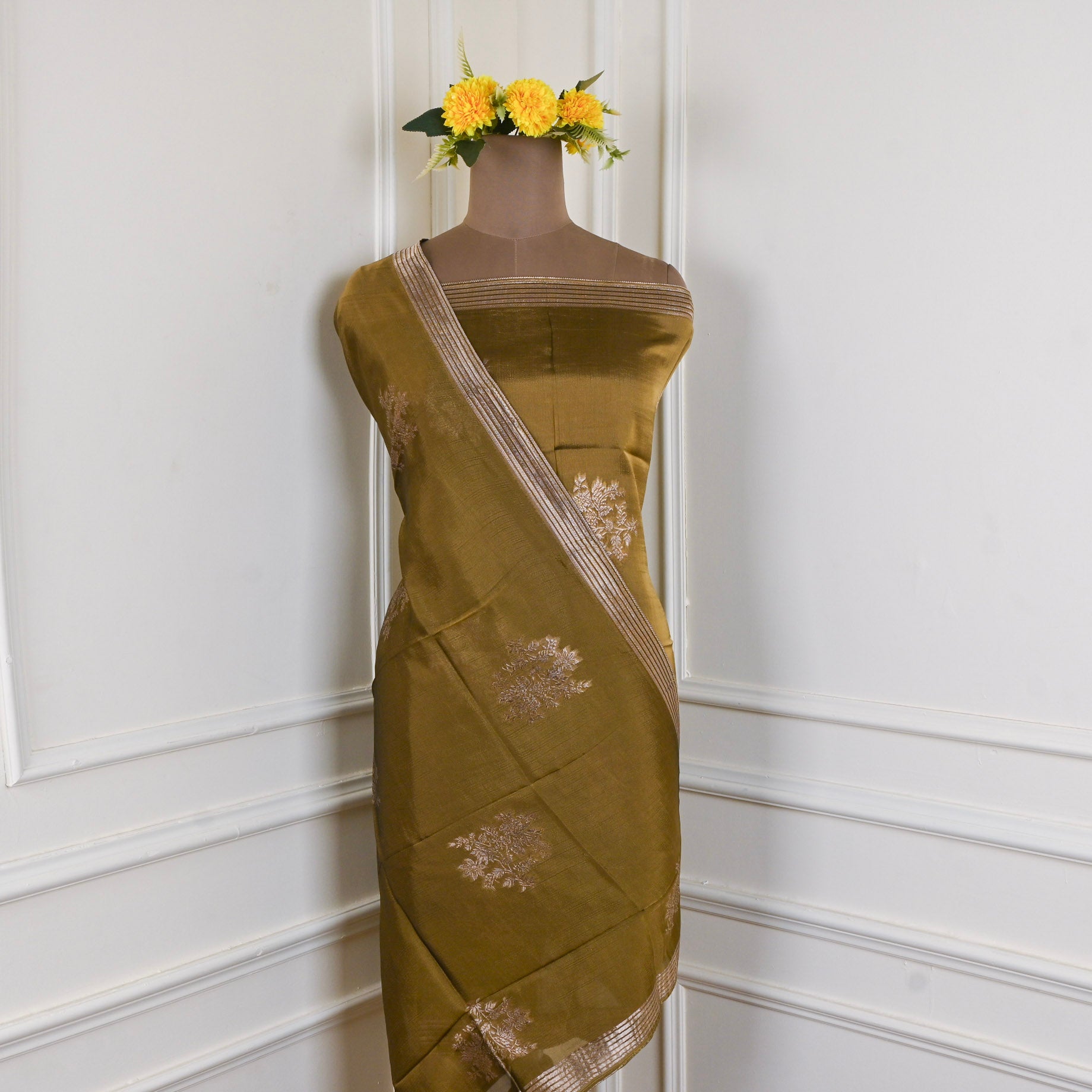 Banarasi Silk Mehandi Unstitched Suit