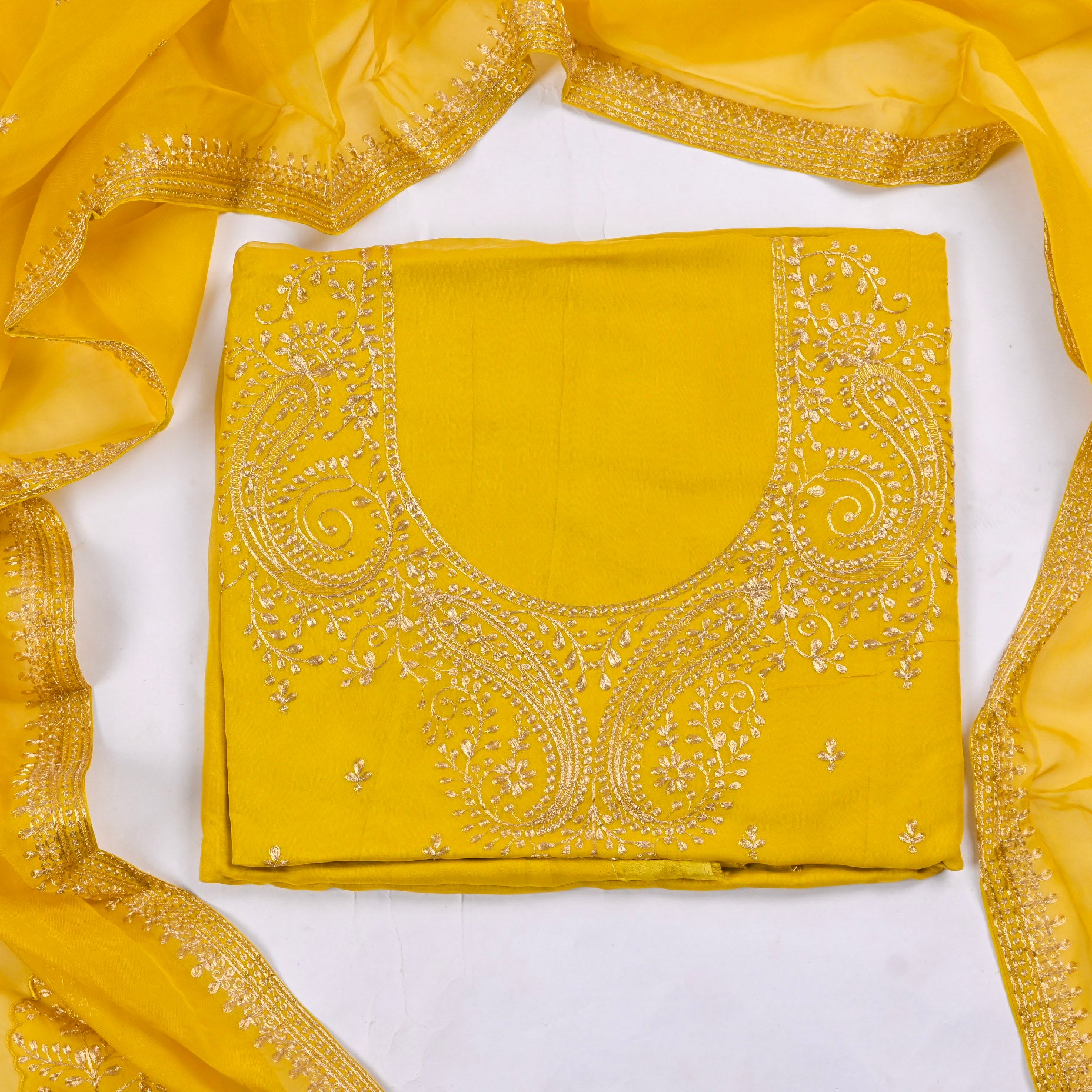 Organza Yellow Unstitched Suit