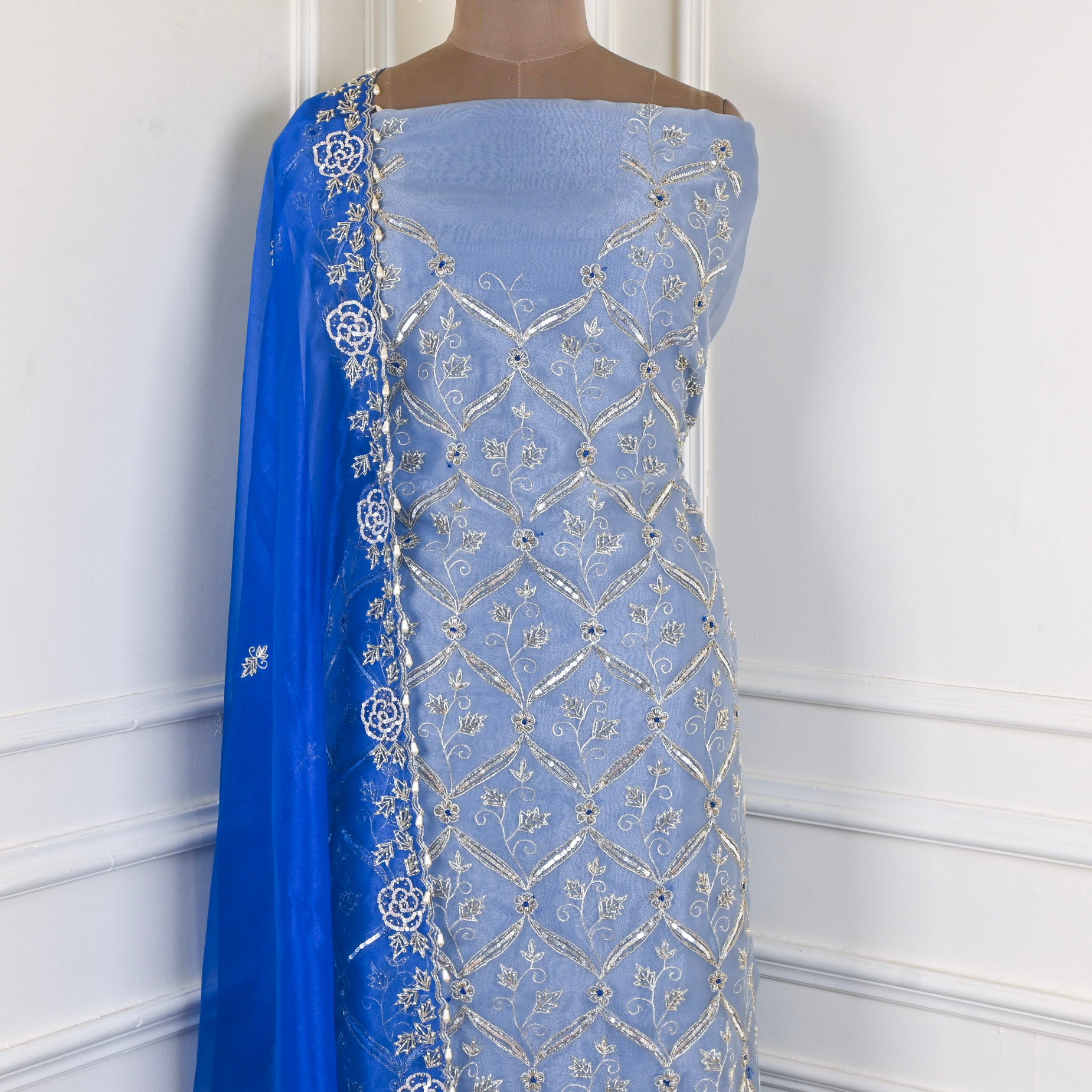 Glass Organza Powder Blue Unstitched Suit