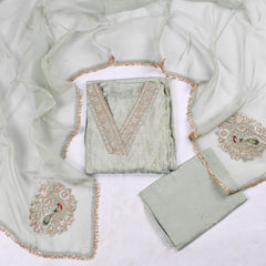 Banarasi Pista Green Unstitched Suit