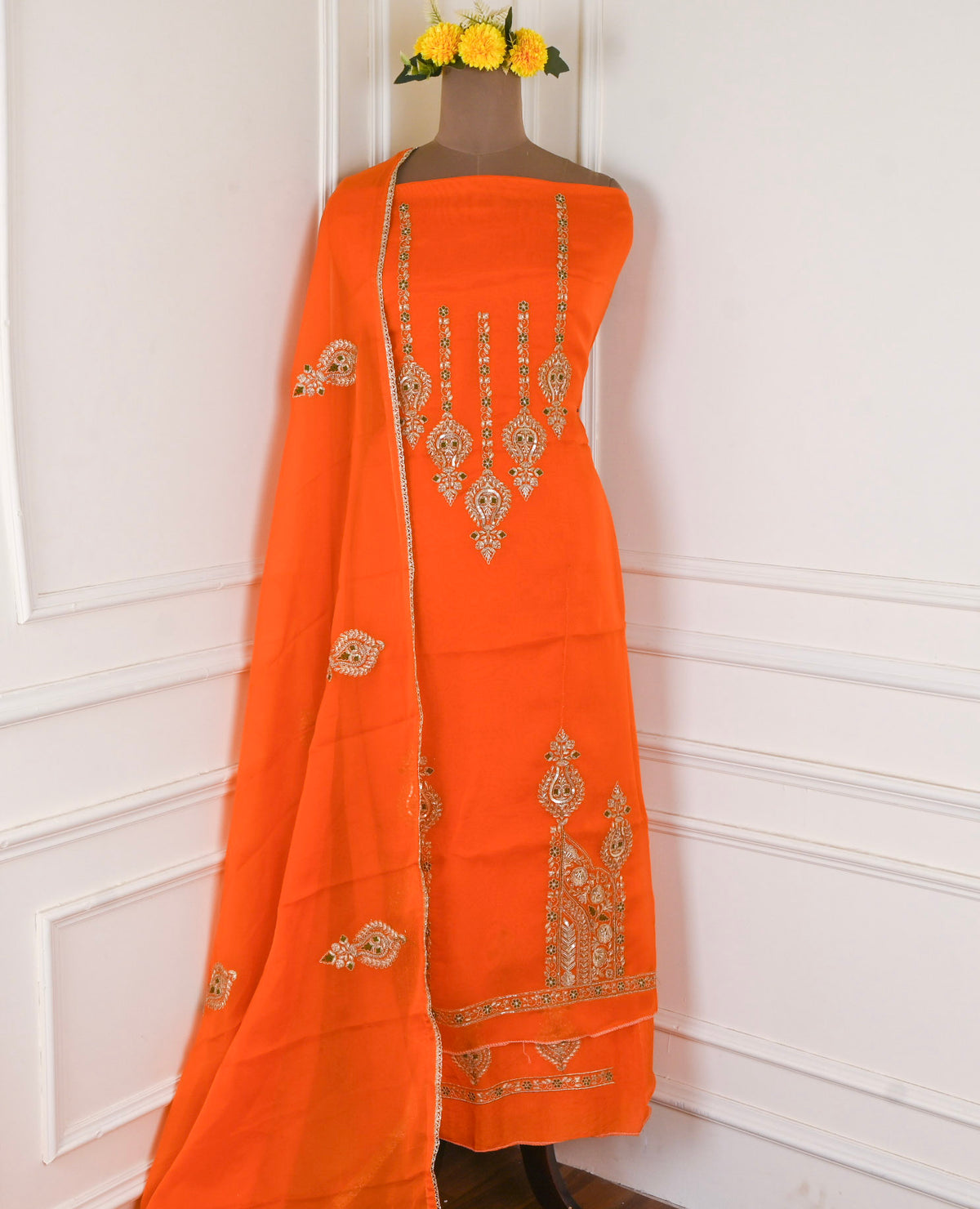 Organza Orange Unstitched Suit