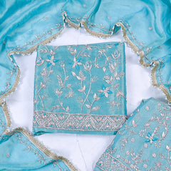 Shimmer Sky Blue Unstitched Lehenga Suit