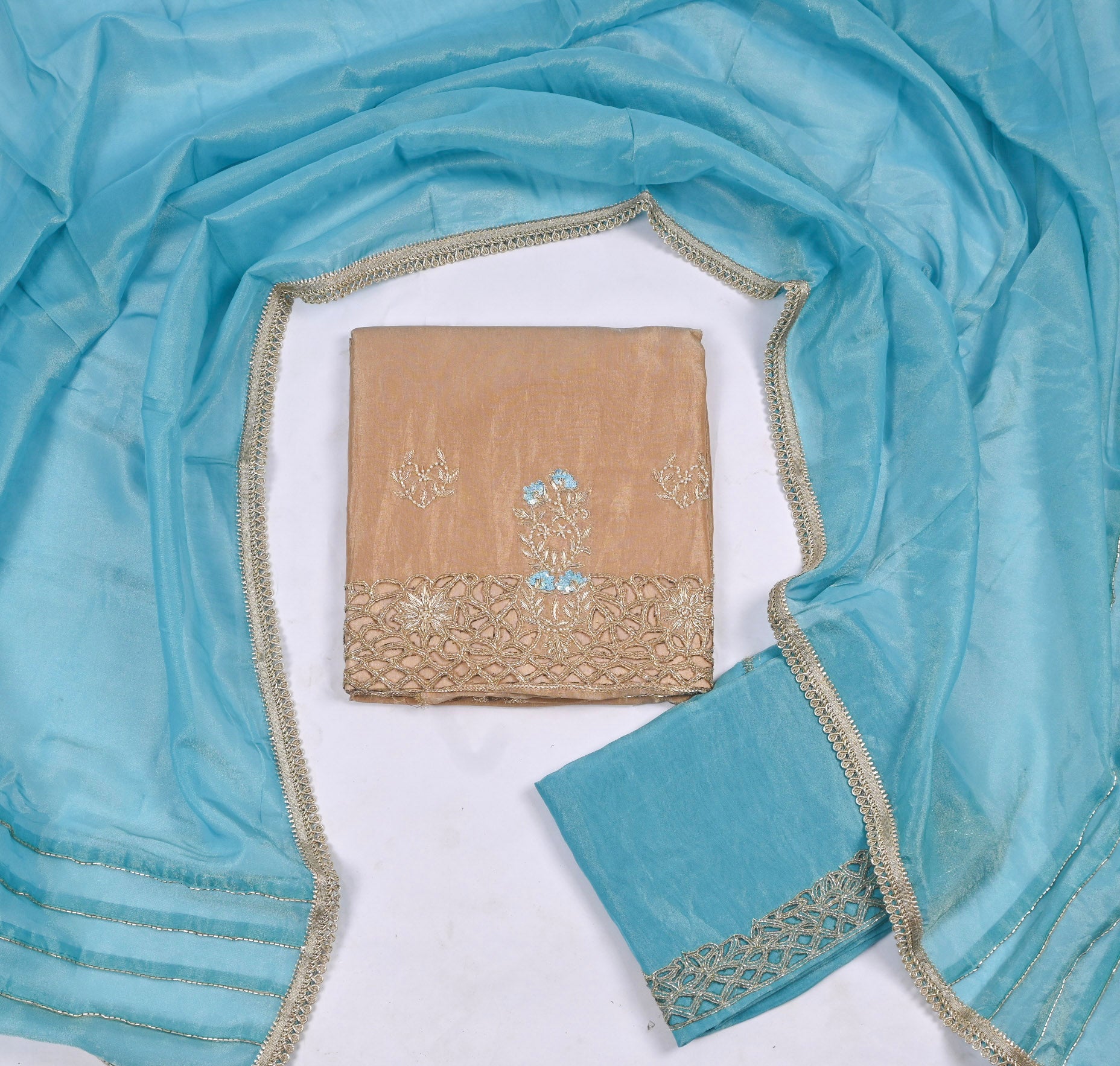 Glass Shimmer Beige Sky Blue Unstitched Suit