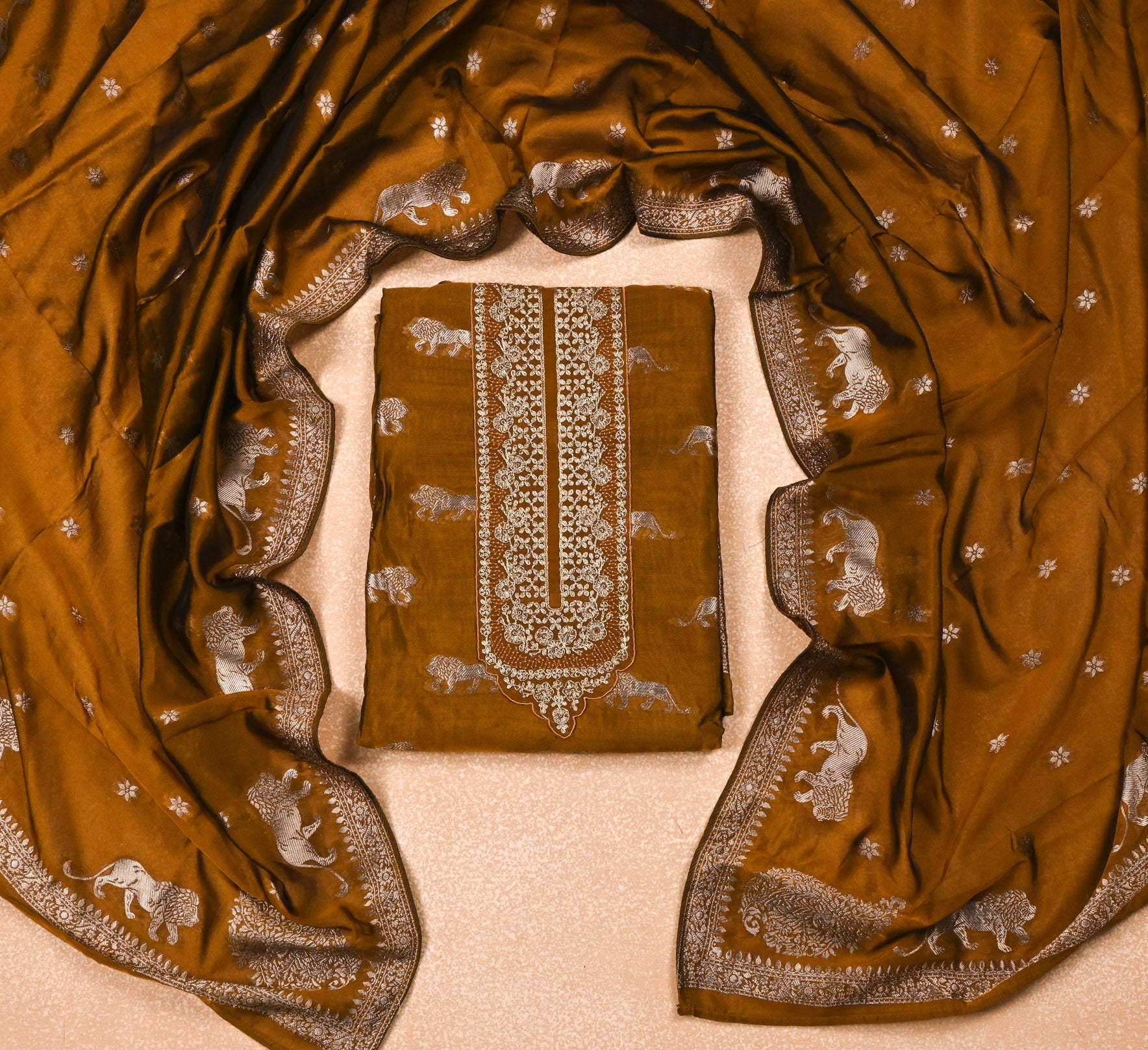 Banarasi Mustard Brown Unstitched Suit