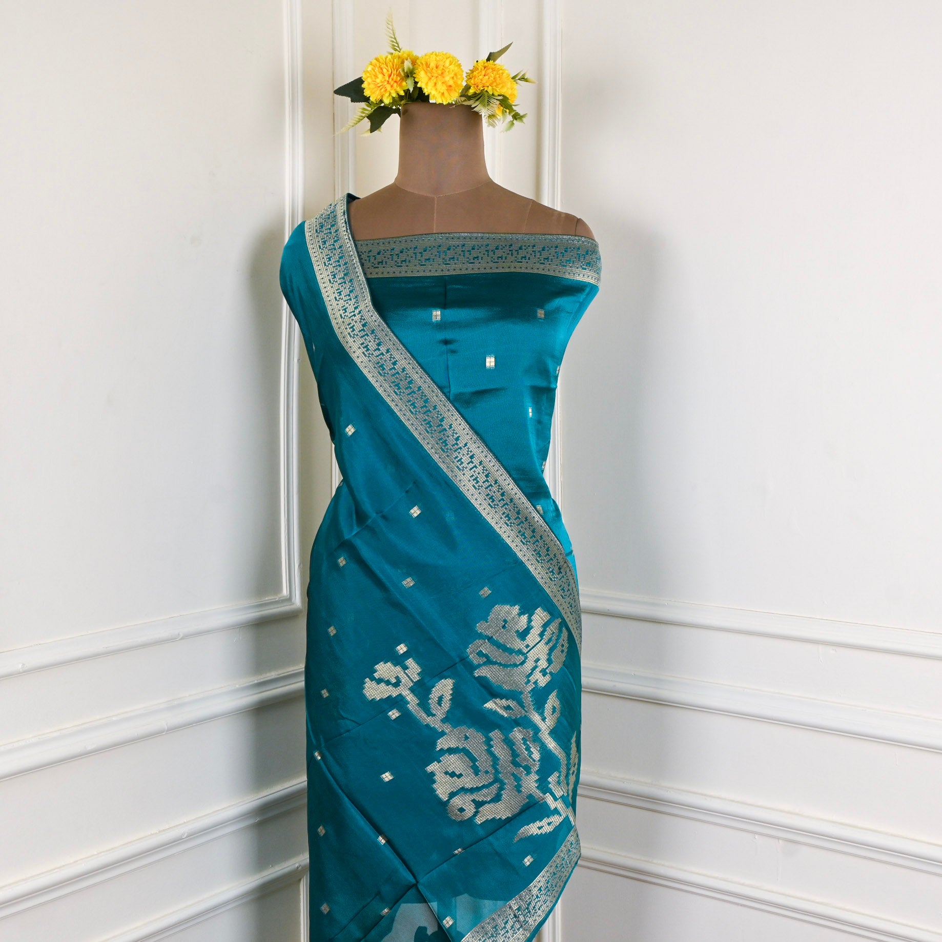 Banarasi Silk Teal Blue Unstitched Suit