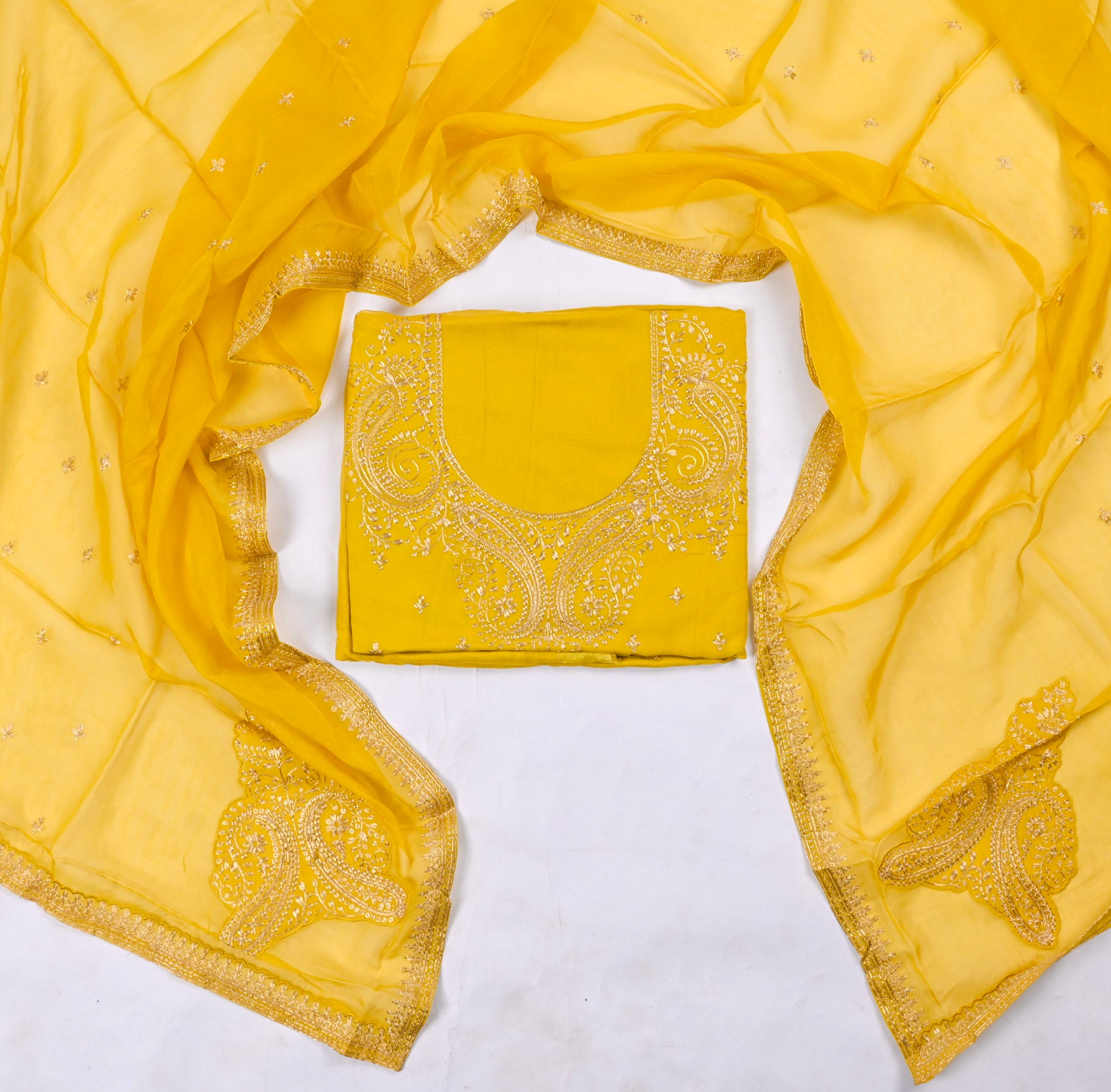 Organza Yellow Unstitched Suit