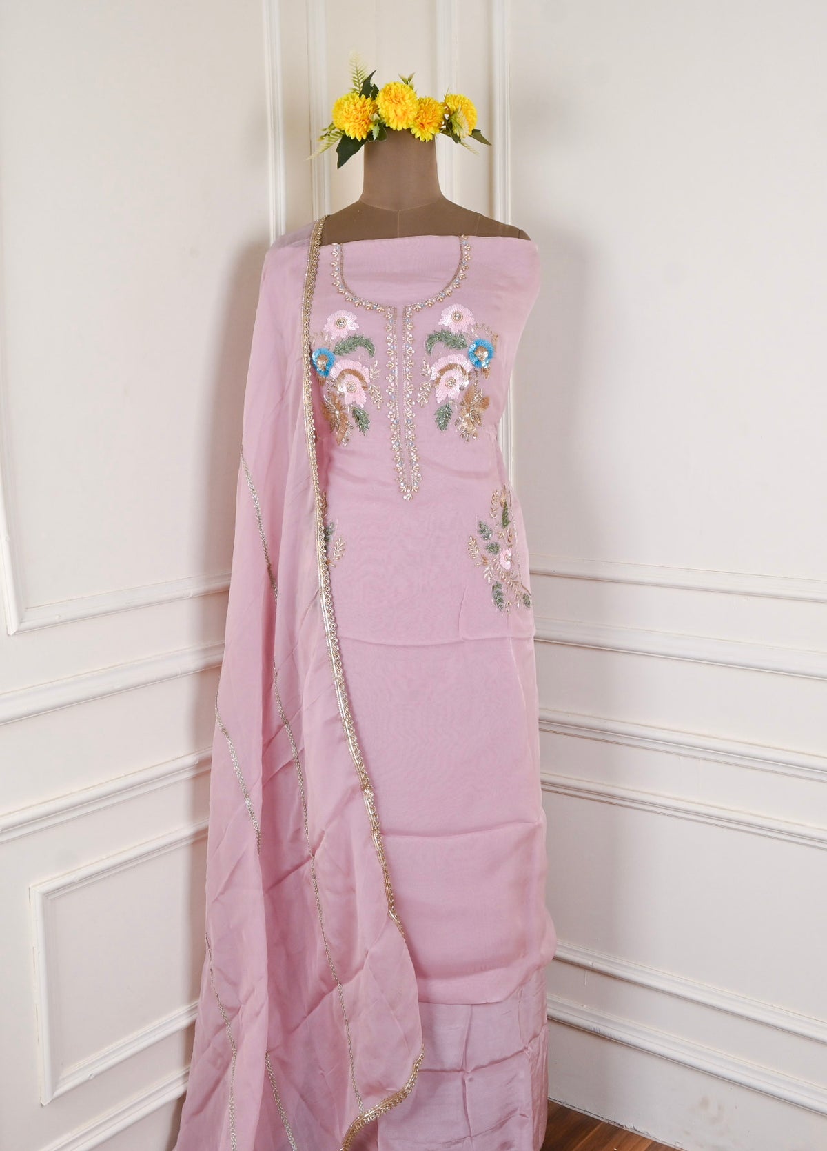 Organza Baby Pink Unstitched Suit