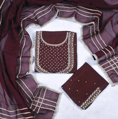 Organza Brown Unstitched Suit