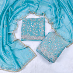 Shimmer Sky Blue Unstitched Lehenga Suit