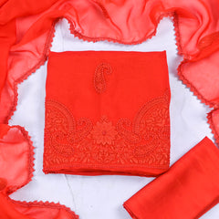 Organza Red Unstitched Suit
