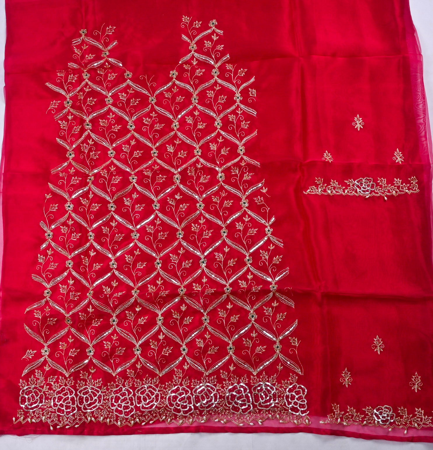 Glass Organza Red Unstitched Suit