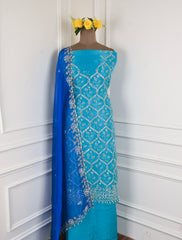 Glass Organza Aqua Blue Unstitched Suit