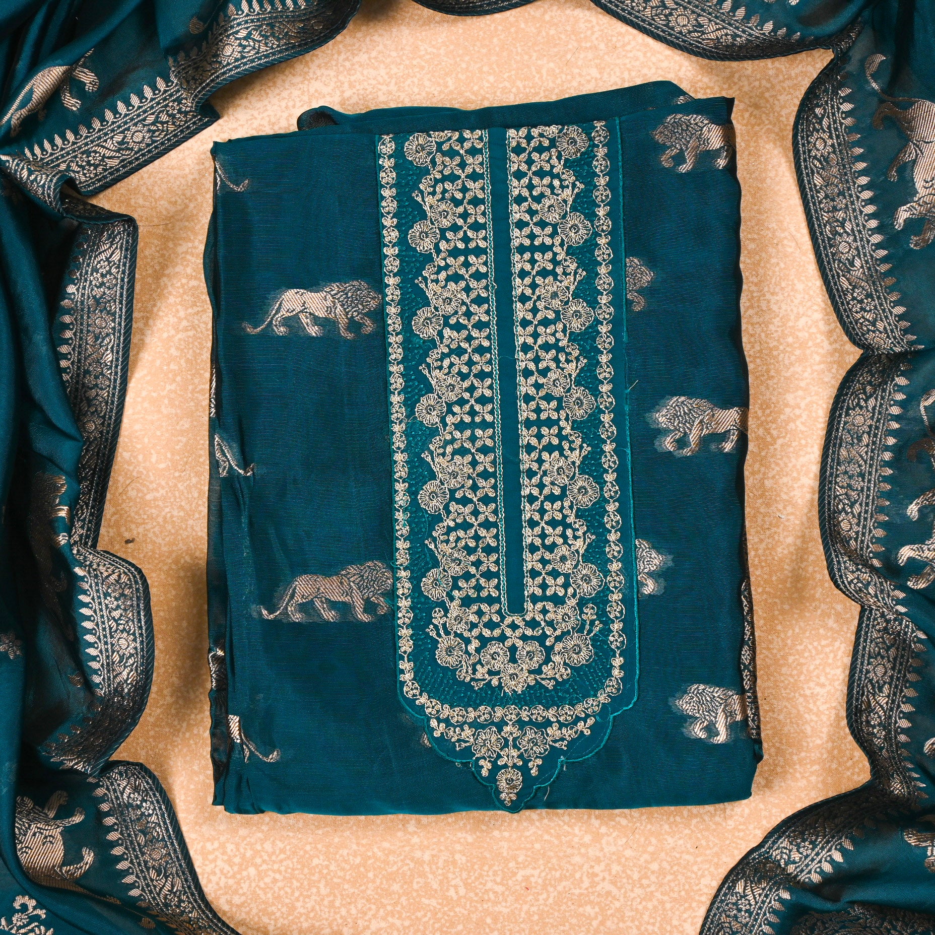 Banarasi Navy Blue Unstitched Suit
