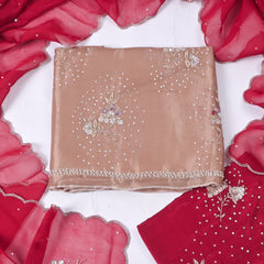 Twill Organza Maroon Unstitched Suit