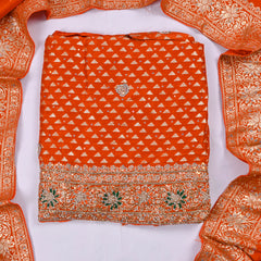 Banarasi Silk Orange Unstitched Suit