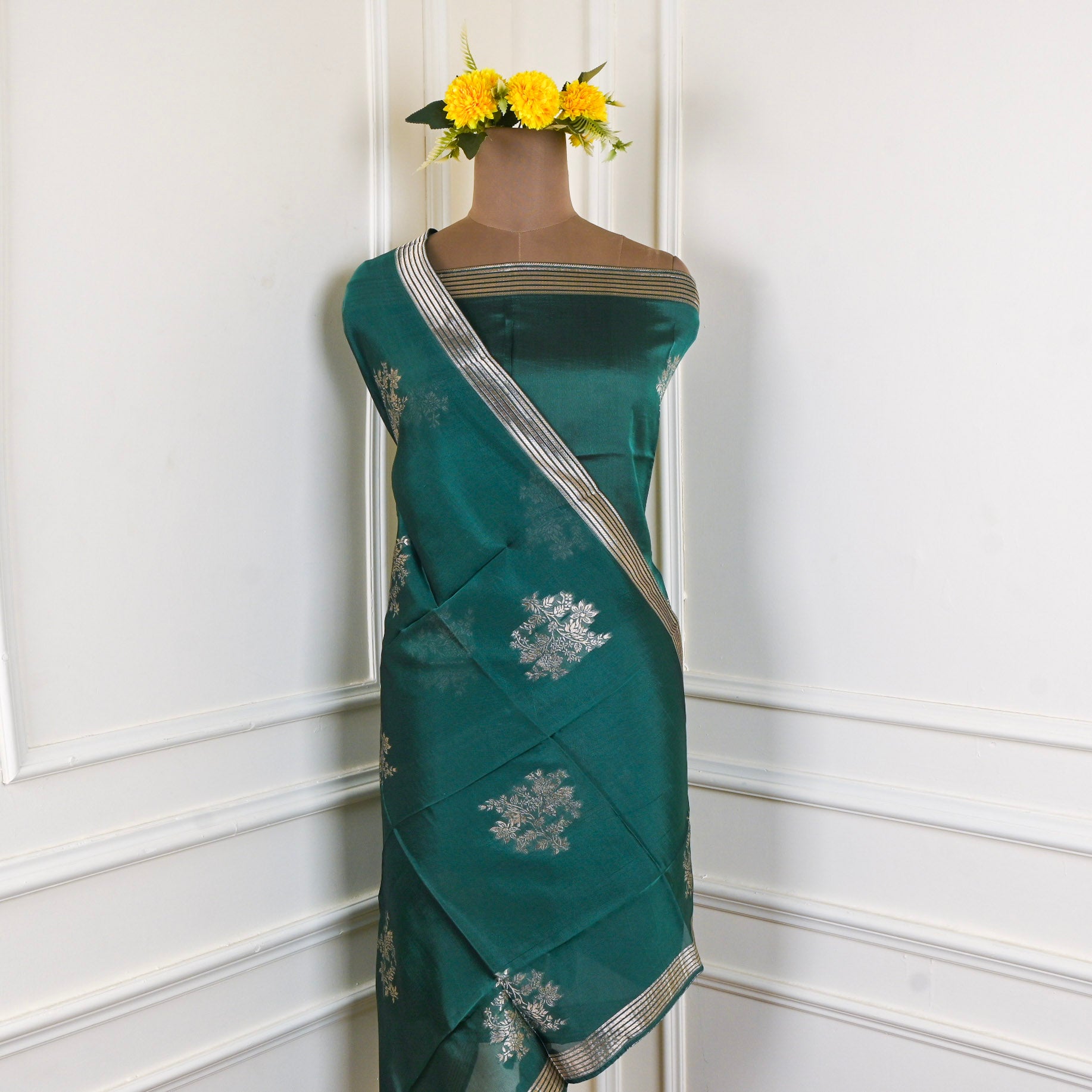 Banarasi Silk Teal Green Unstitched Suit