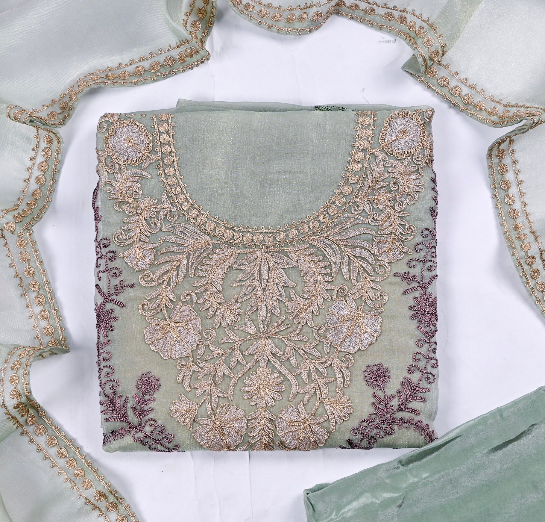 Crush Shimmer Pista Green Unstitched Suit