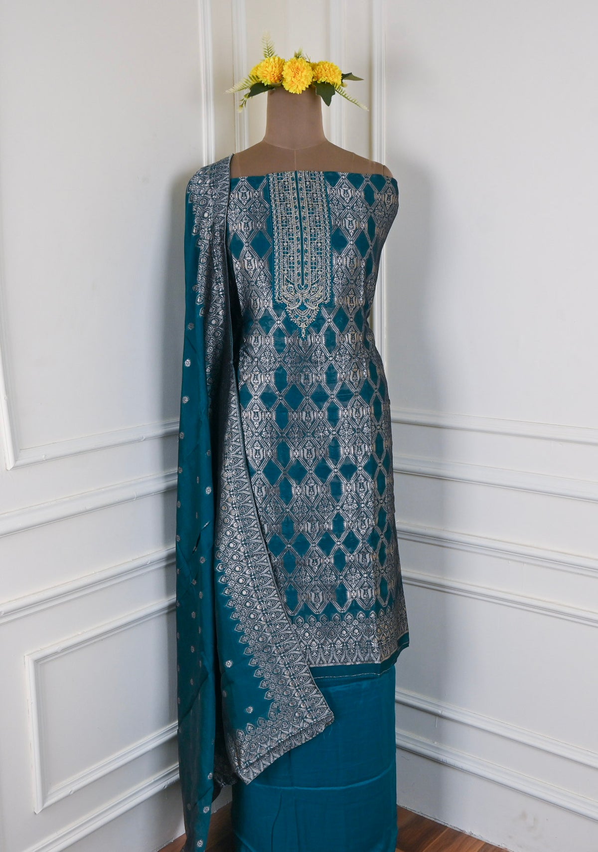 Banarasi Silk Blue Unstitched Suit
