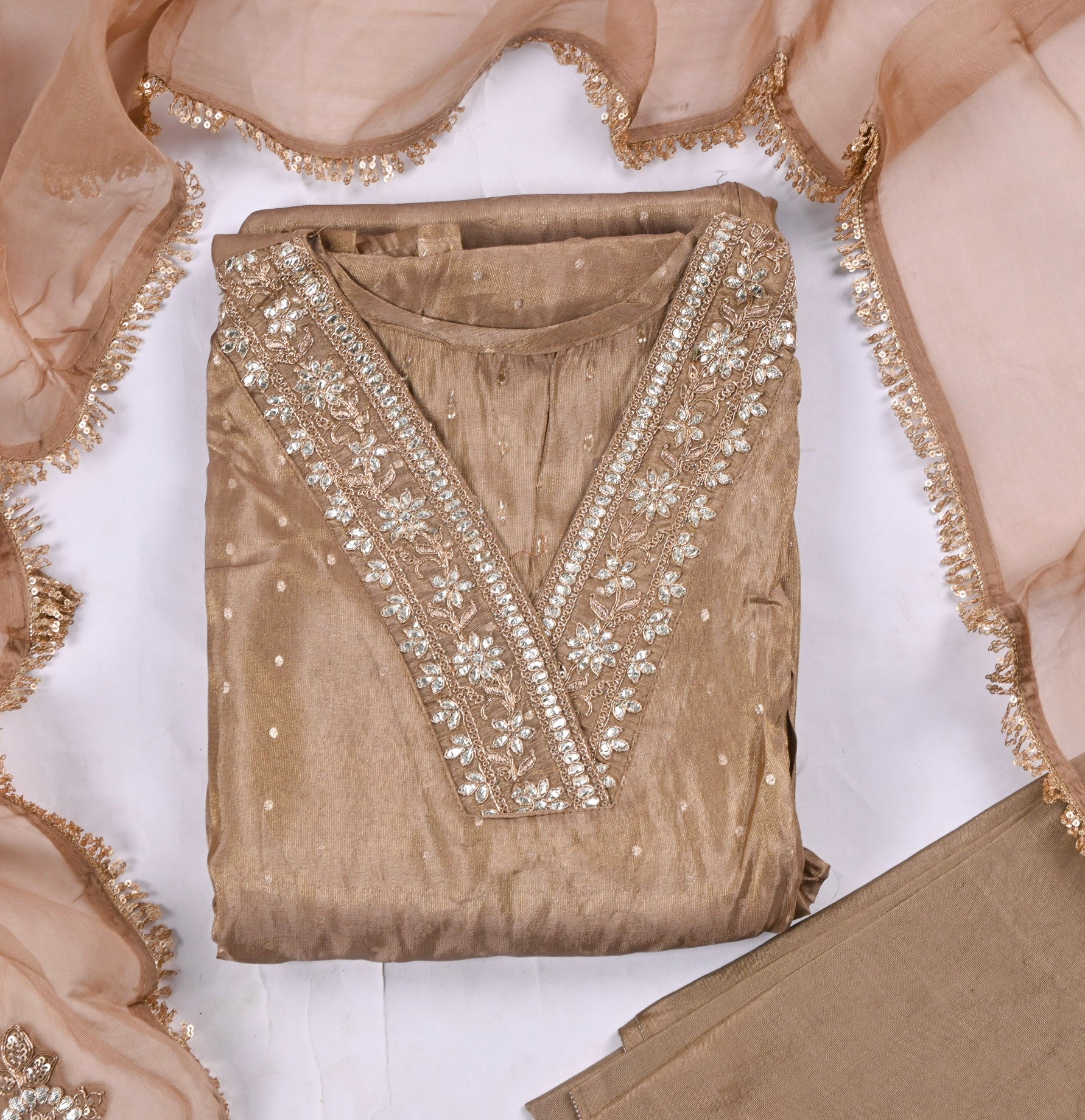 Banarasi Brown Unstitched Suit