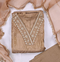 Banarasi Brown Unstitched Suit