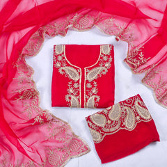 Organza Red Unstitched Suit