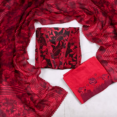 Twill Organza Maroon Unstitched Suit