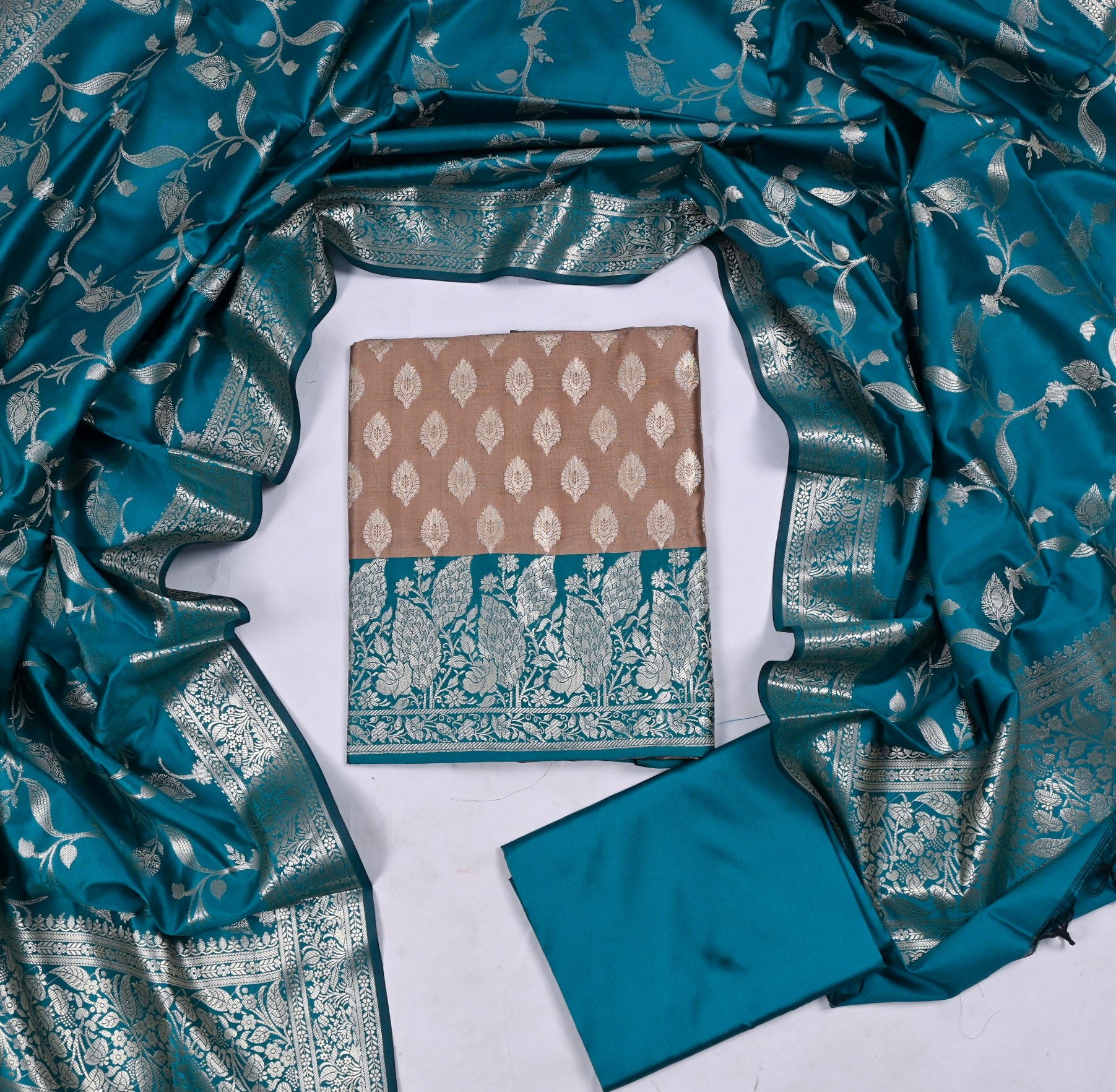 Banarasi Silk Beige Unstitched Suit