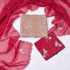 Twill Organza Maroon Unstitched Suit