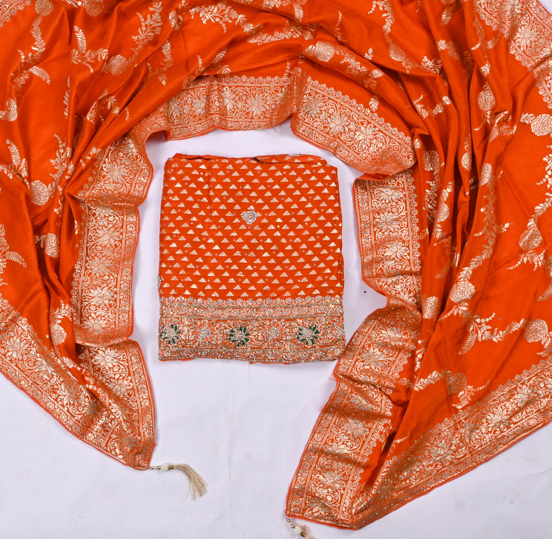 Banarasi Silk Orange Unstitched Suit