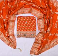Banarasi Silk Orange Unstitched Suit