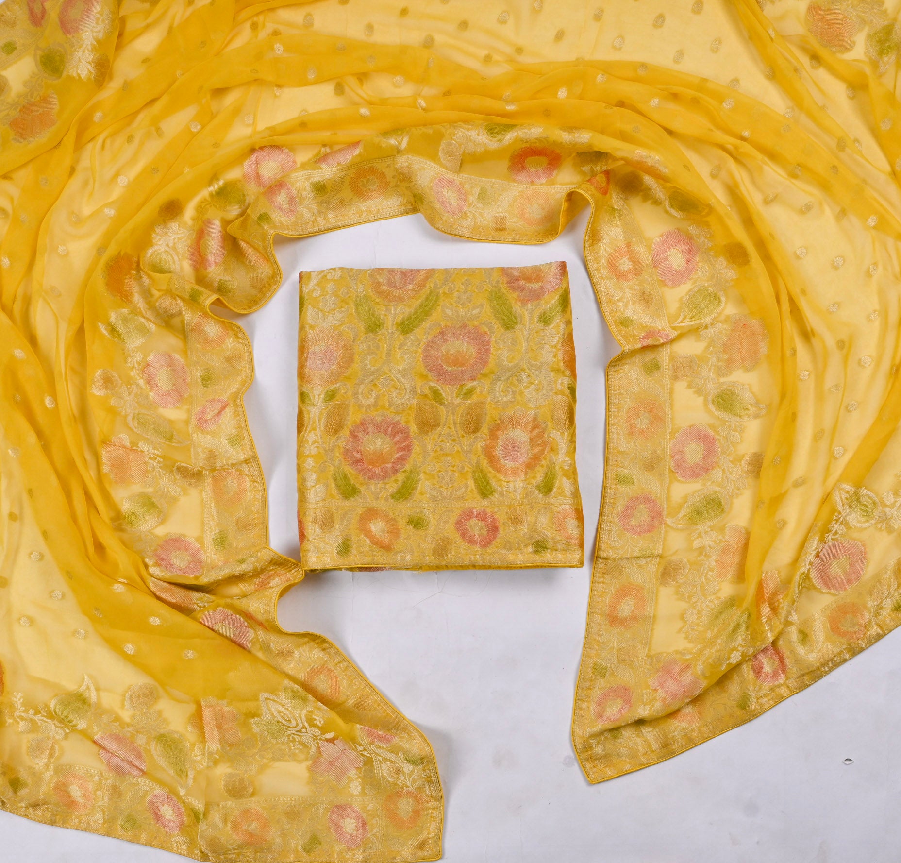 Banarasi Yellow Unstitched Suit