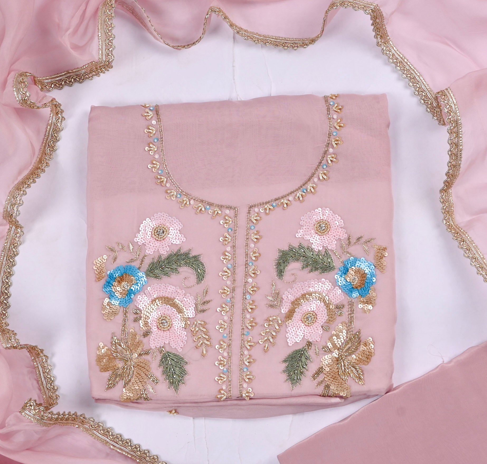 Organza Baby Pink Unstitched Suit