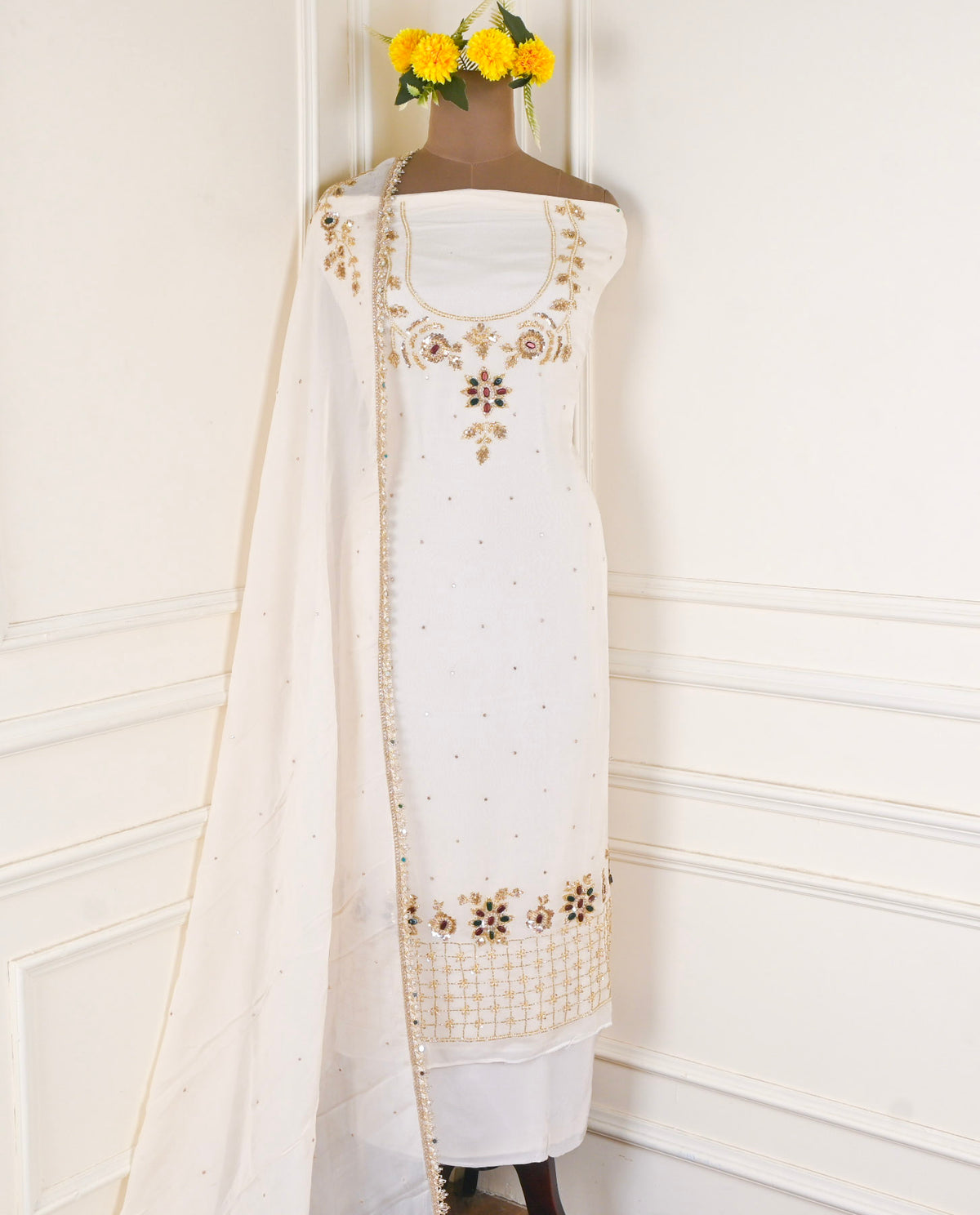 Organza White Unstitched Suit