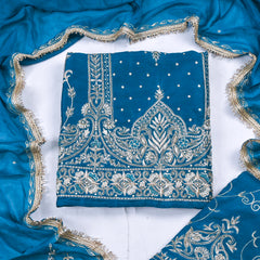 Khadi Blue Unstitched Lehenga Suit