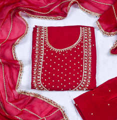 Organza Maroon Unstitched Suit