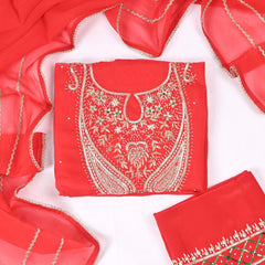 Organza Red Unstitched Suit