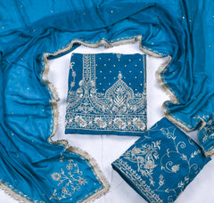 Khadi Blue Unstitched Lehenga Suit